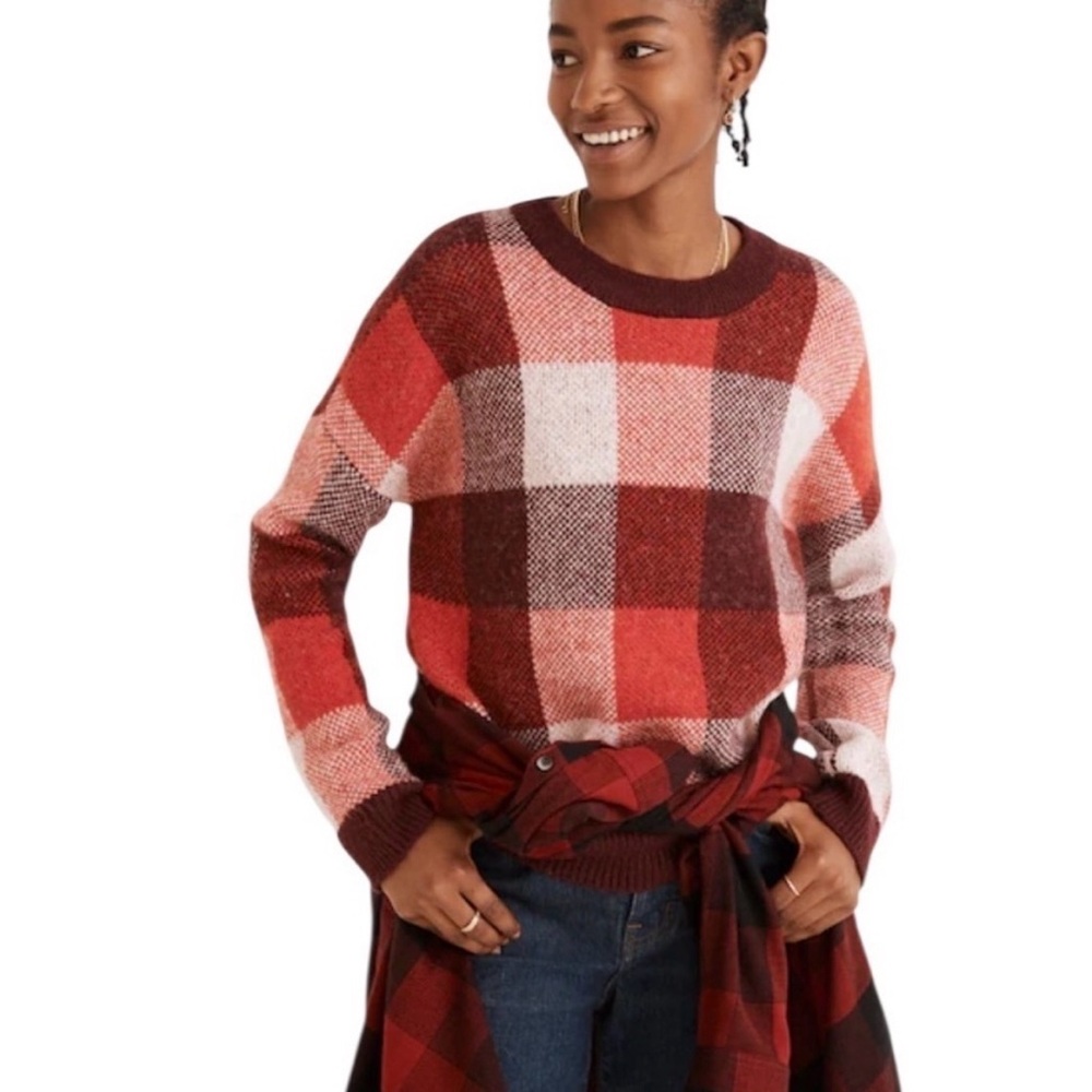 Madewell Red & Burgundy Plaid Crewneck Sweater
